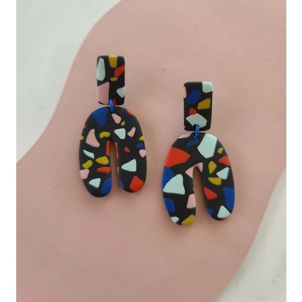 MadebyMaeberry Black Geo Terrazzo Arch Statement Earrings